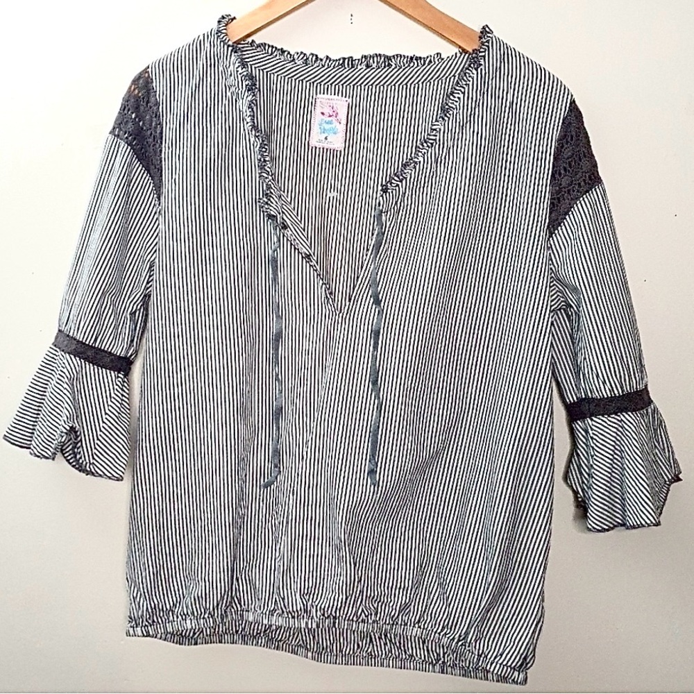 FREE PEOPLE Gray White Stripe Shirt With Bell Sleeves & Crochet Detail